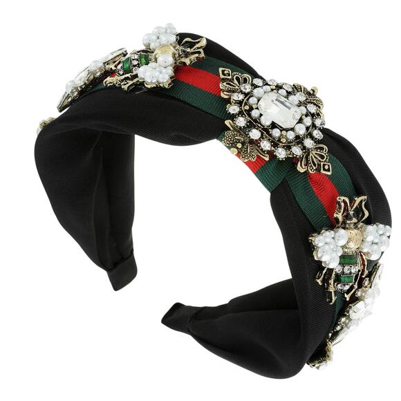 Elegant Black Headband with Pearls Crystals and Bee Details Fashion Hairband - Picture 1 of 5